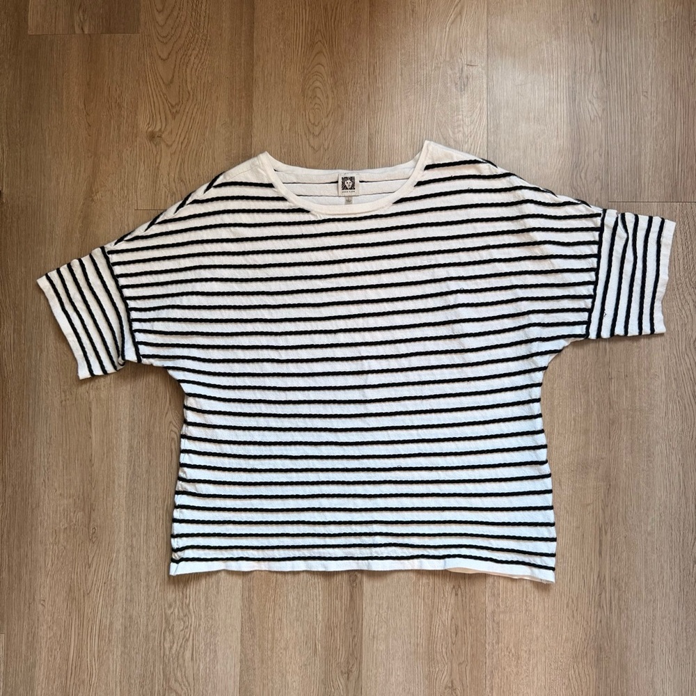 Anne Klein White Black Striped Knit Short Sleeve Crew Neck Blouse Women's Size L